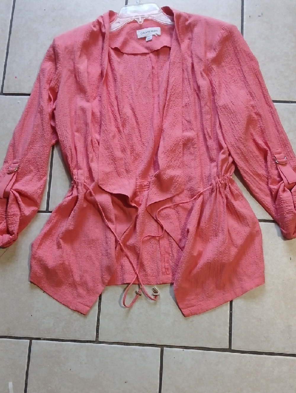 CALVIN KLEIN Womens Size L Coral Drawstring Open-Front Draped Cardigan